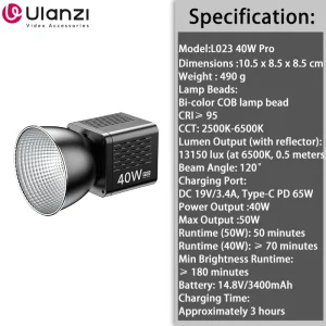 Ulanzi L023 40W Pro Portable LED Video Light Bi-Color