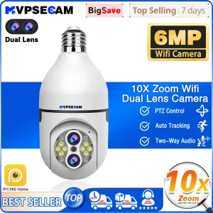 10X PTZ Zoom 6MP Dual Lens Wifi E27 Bulb Security